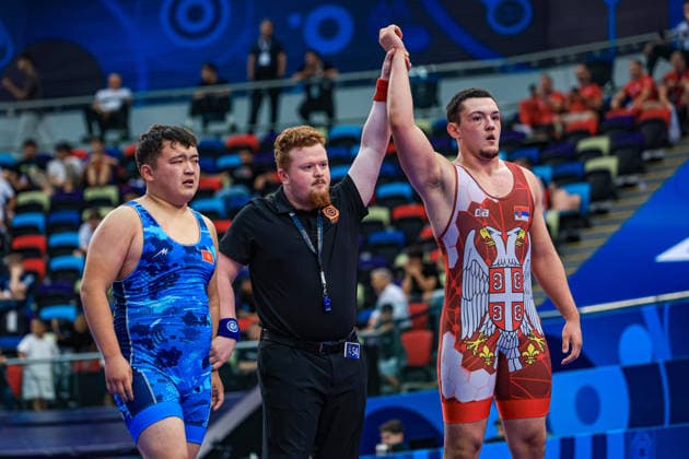U17, U 17 Wrestling World Championships 110kg GR - Andrej Simic (SRB) df. Elbek Ulzhabekovich Turgunov (KGZ) *** U17 Wrestling World Championships, 110 kg, Greco-Roman: Andrej Simic (SRB) def. Elbek Ulzhabekovich Turgunov (KGZ) Copyright: xUnitedxWorldxWrestlingx xAmirrezx UWW-U17-WC-BAKU-2026