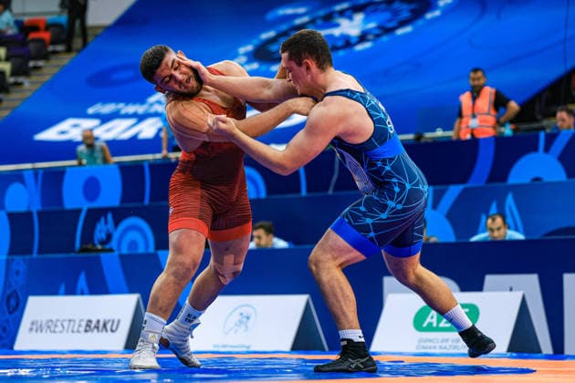 U17, U 17 Wrestling World Championships 110kg GR - Andrej Simic (SRB) df. Emin Bakhshaliyev (AZE) *** U17 Wrestling World Championships, 110 kg, Greco-Roman: Andrej Simic (SRB) def. Emin Bakhshaliyev (AZE) Copyright: xUnitedxWorldxWrestlingx xAmirrezx UWW-U17-WC-BAKU-2026