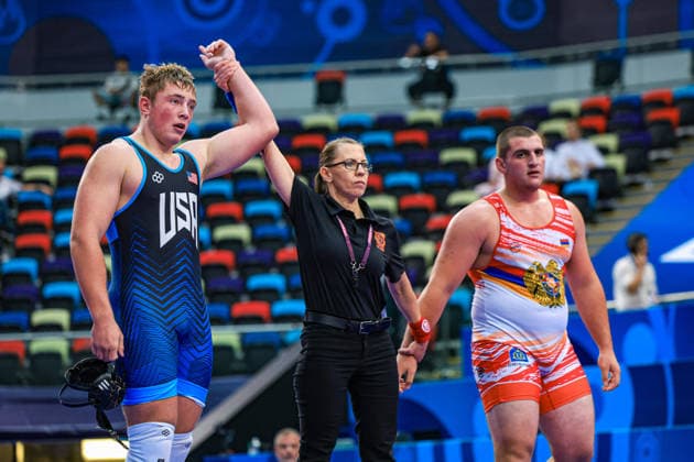 U17, U 17 Wrestling World Championships 110kg GR - Bruno Roger Pallone (USA) df. Khachik Khachatryan (ARM) *** U17 Wrestling World Championships, 110 kg Greco-Roman: Bruno Roger Pallone (USA) def. Khachik Khachatryan (ARM) Copyright: xUnitedxWorldxWrestlingx xAmirrezx UWW-U17-WC-BAKU-2026