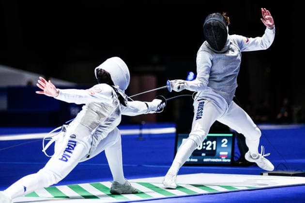 CHINA, HONG KONG - JULY 27, 2026: Italy s Anna Cristino (L) and Russia s Marta Martyanova compete in the ladies individual foil event at the 2026 Kerry Fencing World Championships. Mikhail Sinitsyn TASS  95535211