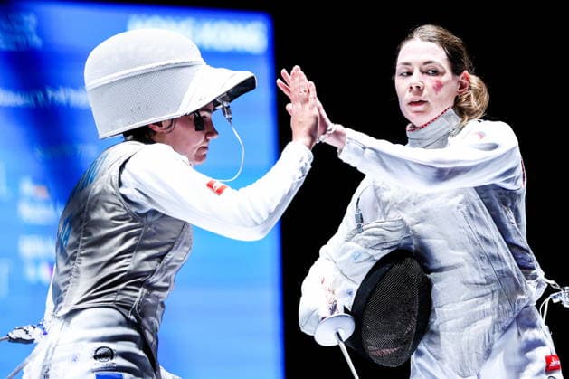 CHINA, HONG KONG - JULY 27, 2026: Italy s Anna Cristino (L) and Russia s Marta Martyanova compete in the ladies individual foil event at the 2026 Kerry Fencing World Championships. Mikhail Sinitsyn TASS  95535219