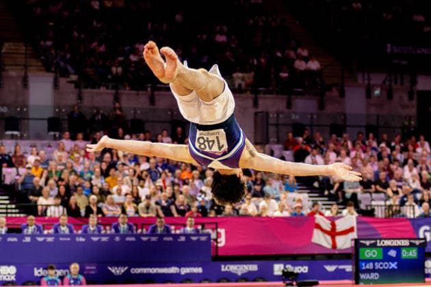 GLASGOW, SCOTLAND - JULY 27: Reuben WARD of SCOTLAND competes in the Men’s Floor Exercise Final at The Arena, Glasgow on July 27, 2026 in Glasgow, Scotland. (Photo by Claire Jeffrey Sports Press Photo)  Copyright: xClairexJeffreyx xSPPx Sportspressphoto_SPR197849