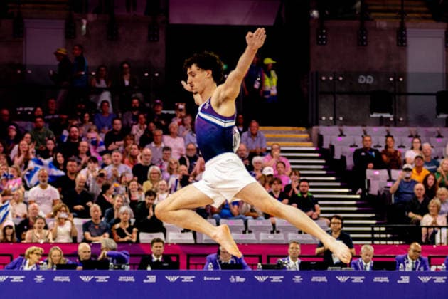GLASGOW, SCOTLAND - JULY 27: Reuben WARD of SCOTLAND competes in the Men’s Floor Exercise Final at The Arena, Glasgow on July 27, 2026 in Glasgow, Scotland. (Photo by Claire Jeffrey Sports Press Photo)  Copyright: xClairexJeffreyx xSPPx Sportspressphoto_SPR197850