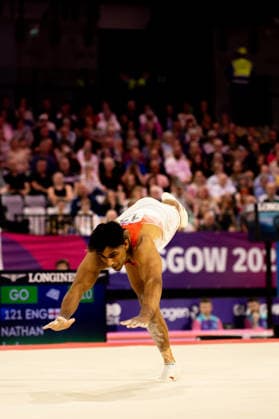 GLASGOW, SCOTLAND - JULY 27: Joshua NATHAN of England competes in the Men’s Floor Exercise Final at The Arena, Glasgow on July 27, 2026 in Glasgow, Scotland. (Photo by Claire Jeffrey Sports Press Photo)  Copyright: xClairexJeffreyx xSPPx Sportspressphoto_SPR197855