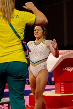 GLASGOW, SCOTLAND - JULY 27: Georgia GODWIN of Australia competes in the Women’s Vault Final at The Arena, Glasgow on July 27, 2026 in Glasgow, Scotland. (Photo by Claire Jeffrey Sports Press Photo)  Copyright: xClairexJeffreyx xSPPx Sportspressphoto_SPR197861