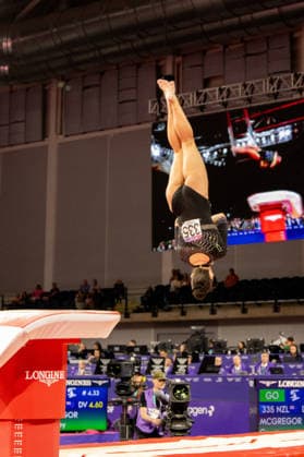 GLASGOW, SCOTLAND - JULY 27: Courtney McGREGOR of New Zealand competes in the Women’s Vault Final at The Arena, Glasgow on July 27, 2026 in Glasgow, Scotland. (Photo by Claire Jeffrey Sports Press Photo)  Copyright: xClairexJeffreyx xSPPx Sportspressphoto_SPR197862