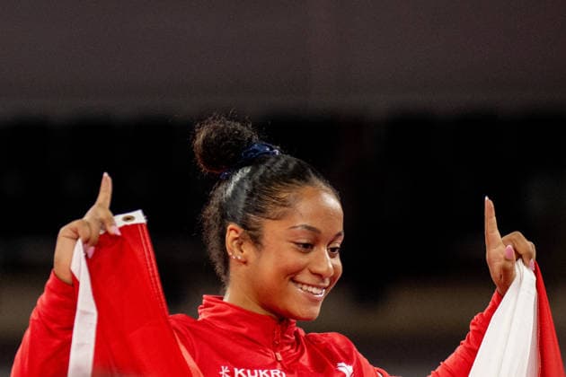 GLASGOW, SCOTLAND - JULY 27: Lia-Monica FONTAINE of Canada claims Gold in the Women’s Vault Final at The Arena, Glasgow on July 27, 2026 in Glasgow, Scotland. (Photo by Claire Jeffrey Sports Press Photo)  Copyright: xClairexJeffreyx xSPPx Sportspressphoto_SPR197865