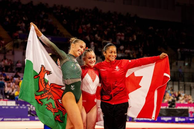 GLASGOW, SCOTLAND - JULY 27: Lia-Monica FONTAINE of Canada claims Gold, Abigail MARTIN of England claims Silver and Abigail ROPER of Wales claims Bronze in the Women’s Vault Final at The Arena, Glasgow on July 27, 2026 in Glasgow, Scotland. (Photo by Claire Jeffrey Sports Press Photo)  Copyright: xClairexJeffreyx xSPPx Sportspressphoto_SPR197867