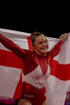 GLASGOW, SCOTLAND - JULY 27: Abigail Martin of England claims Silver in the Women’s Vault Final at The Arena, Glasgow on July 27, 2026 in Glasgow, Scotland. (Photo by Claire Jeffrey Sports Press Photo)  Copyright: xClairexJeffreyx xSPPx Sportspressphoto_SPR197868