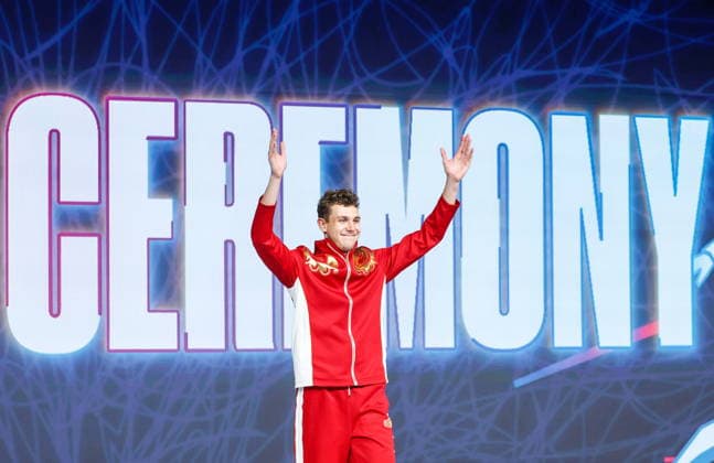 CHINA, HONG KONG - JULY 27, 2026: 1st placed Pavel Graudyn of Russia attends the award ceremony for the men s individual sabre event at the 2026 Kerry Fencing World Championships. Mikhail Sinitsyn TASS  95535954