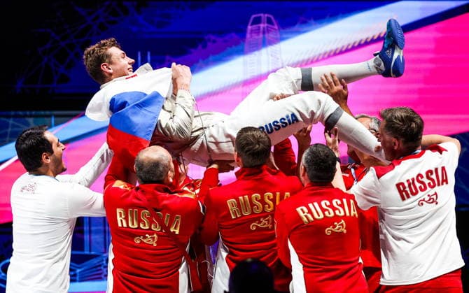 CHINA, HONG KONG - JULY 27, 2026: 1placed Pavel Graudyn of Russia is thrown into the air during the men s individual sabre event at the 2026 Kerry Fencing World Championships. Mikhail Sinitsyn TASS  95535951