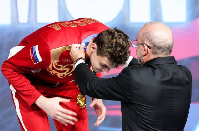 CHINA, HONG KONG - JULY 27, 2026: 1st placed Pavel Graudyn of Russia attends the award ceremony for the men s individual sabre event at the 2026 Kerry Fencing World Championships. Mikhail Sinitsyn TASS  95536158