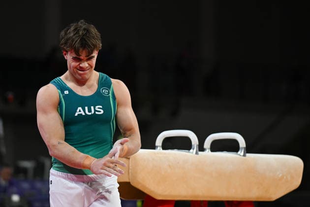 COM26 ARTISTIC GYMNASTICS, Jesse Moore of Australia reacts while competing in the Artistic Gymnastics Men™s Pommel Horse Final during the Glasgow 2026 Commonwealth Games at the Glasgow International Arena in Glasgow, Scotland, Monday, July 27, 2026. ( NO ARCHIVING, EDITORIAL USE ONLY Glasgow Scotland United Kingdom  Copyright: xLUKASxCOCHx 20260728133174196143