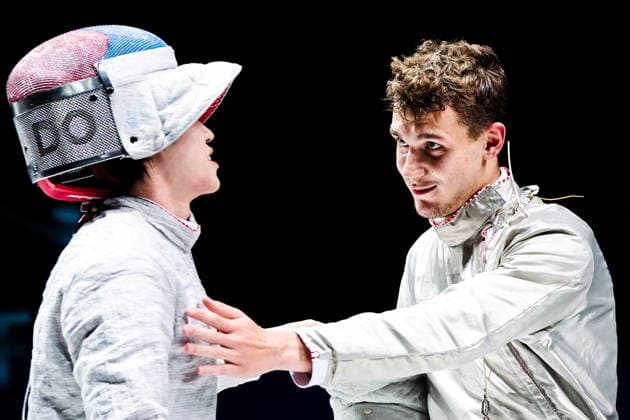 CHINA, HONG KONG - JULY 27, 2026: South Korea s Gyeong-dong Do (L) and Russia s Pavel Graudyn compete in a men s individual sabre event at the 2026 Kerry Fencing World Championships. Mikhail Sinitsyn TASS  95536226