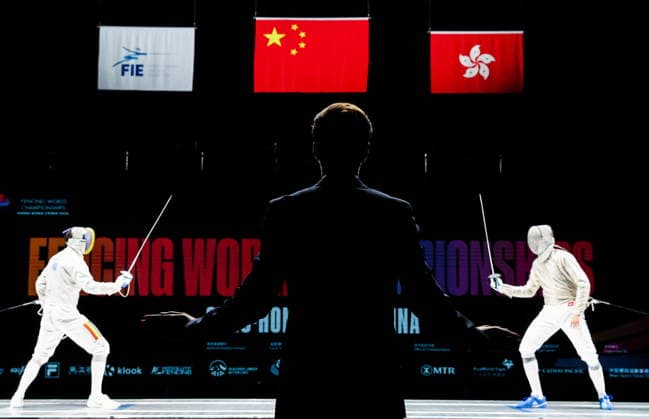 CHINA, HONG KONG - JULY 27, 2026: Romania s Radu Nitu (L) and Russia s Pavel Graudyn compete in the men s individual sabre event at the 2026 Kerry Fencing World Championships. Mikhail Sinitsyn TASS  95536211