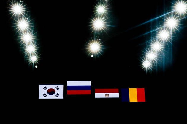 CHINA, HONG KONG - JULY 27, 2026: Flags of South Korea, Russia, Egypt, and Romania (L-R) are pictured during the award ceremony for the men s individual sabre event at the 2026 Kerry Fencing World Championships 2026 Fencing World Championships In Hong Kong  - ZUMAt113 20260727_zaa_t113_327 Copyright: xMikhailxSinitsynx