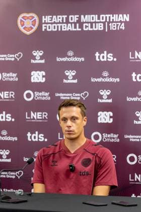 Alexander Schwolow of Hearts of Midlothian Speak to the press ahead of the clash with Sturm Graz Heart of Midlothian press conference, PK, Pressekonferenz ahead of their UEFA Champions League Qualifier, Football, Tynecastle Park, Edinburgh, Scotland, UK - 27 Jul 2026Edinburgh Oriam Scotland United Kingdom  Copyright: xAlanxRennie Shutterstockx 17015679s