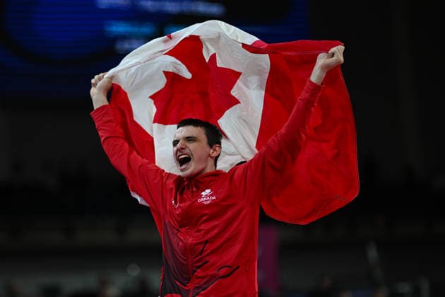 COM26 ARTISTIC GYMNASTICS, Jordan Carroll of Canada celebrates after winning the Artistic Gymnastics Men™s Pommel Horse Final during the Glasgow 2026 Commonwealth Games at the Glasgow International Arena in Glasgow, Scotland, Monday, July 27, 2026. ( NO ARCHIVING, EDITORIAL USE ONLY Glasgow Scotland United Kingdom  Copyright: xLUKASxCOCHx 20260728164824131810