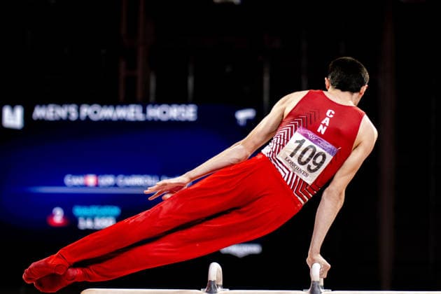 GLASGOW, SCOTLAND - JULY 27: Jordan CARROLL of Canada competes and comes first in the Men’s Pommel Horse Final at The Arena, Glasgow on July 27, 2026 in Glasgow, Scotland. (Photo by Claire Jeffrey Sports Press Photo)  Copyright: xClairexJeffreyx xSPPx Sportspressphoto_SPR197870