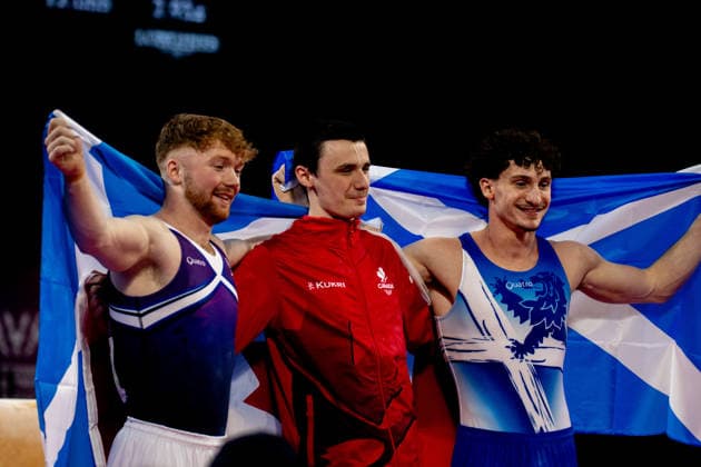 GLASGOW, SCOTLAND - JULY 27: Jordan CARROLL of Canada, Reuben WARD of Scotland and Cameron LYNN of Scotland form the podium in the Men’s Pommel Horse Final at The Arena, Glasgow on July 27, 2026 in Glasgow, Scotland. (Photo by Claire Jeffrey Sports Press Photo)  Copyright: xClairexJeffreyx xSPPx Sportspressphoto_SPR197883