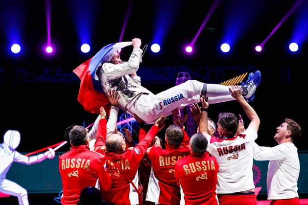 July 27, 2026, Hong Kong, China: PAVEL GRAUDYN of Russia is thrown into the air after winning the men s individual sabre event at the 2026 Kerry Fencing World Championships. Fencing 2026: World Championships In Hong Kong  - ZUMAt113 20260727_zaa_t113_328 Copyright: xMikhailxSinitsynx