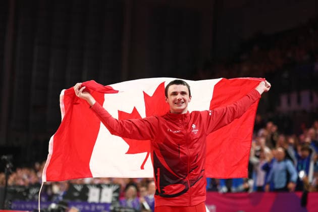 July 27, 2026, Glasgow, Scotland, Great Britain: JORDAN CARROLL of Canada celebrates winning the Artistic Gymnastics Men s Pommel Horse Final of the Commonwealth Games Glasgow 2026 at the Tollcross International Swimming Centre in Glasgow, Scotland Glasgow Great Britain - ZUMAc179 20260727_zep_c179_039 Copyright: xMickaelxChavetx