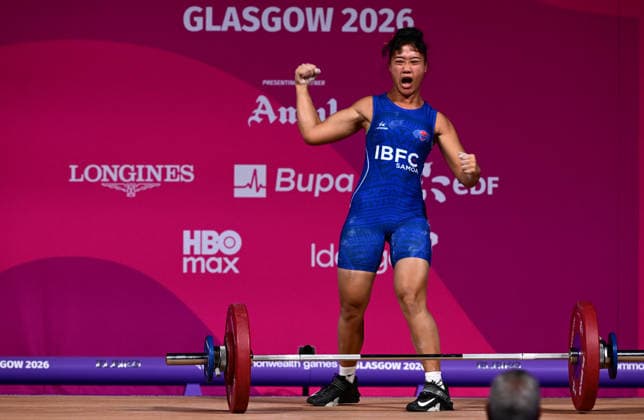 COM26 WEIGHTLIFTING, Anoni Faumui of Samoa reacts during the Women™s 58kg Weightlifting Final at the at the SEC Armadillo during the Glasgow 2026 Commonwealth Games in Glasgow, Scotland, Monday, July 27, 2026. ( NO ARCHIVING, EDITORIAL USE ONLY Glasgow Scotland United Kingdom  Copyright: xDEANxLEWINSx 20260728118935581932