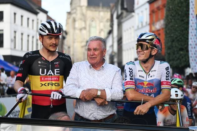 Belgian Rune Herregodts of UAE Team Emirates-XRG; Former Belgian cyclist Lucien Van Impe and Belgian Remco Evenepoel of Red Bull-BORA-hansgrohe pictured at the start of the Natourcriterium Aalst cycling event, Monday 27 July 2026, in Aalst. The traditional criteriums are local showcases for which mainly cyclists who rode the Tour de France are invited. ELIASxROM  x182174102x