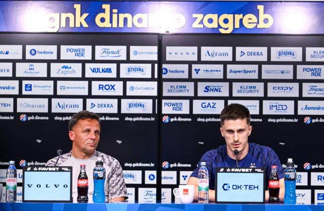 press conference, PK, Pressekonferenz of GNK Dinamo Head coach of Dinamo Mario Kovacevic and player Mateo Lisica speak during a press conference ahead of the UEFA Champions League second qualifying round, second leg match between GNK Dinamo Zagreb and FC Thun in Zagreb, Croatia, on July 27, 2026.  IgorxSoban PIXSELL