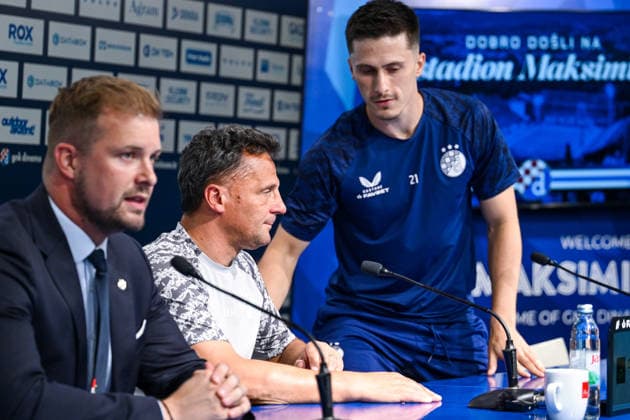 press conference, PK, Pressekonferenz of GNK Dinamo Dinamo s Mateo Lisica attends a press conference ahead of the UEFA Champions League second qualifying round, second leg match between GNK Dinamo Zagreb and FC Thun in Zagreb, Croatia, on July 27, 2026.  IgorxSoban PIXSELL