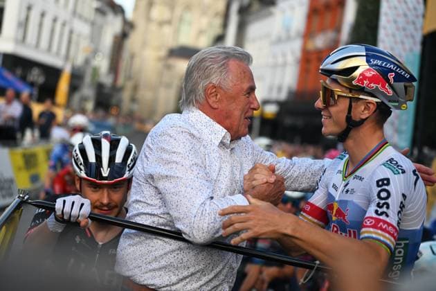 Former Belgian cyclist Lucien Van Impe and Belgian Remco Evenepoel of Red Bull-BORA-hansgrohe pictured at the start of the Natourcriterium Aalst cycling event, Monday 27 July 2026, in Aalst. The traditional criteriums are local showcases for which mainly cyclists who rode the Tour de France are invited. ELIASxROM  x182174110x