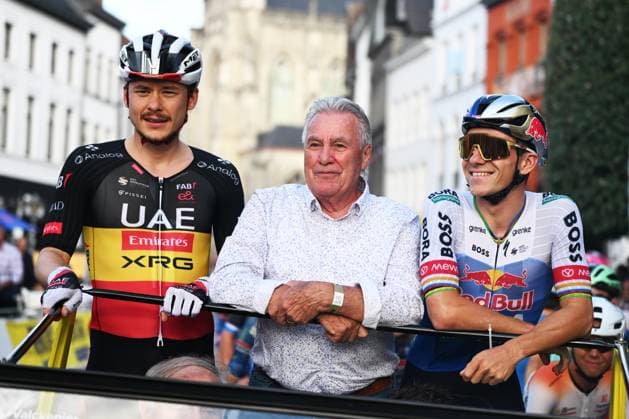 Belgian Rune Herregodts of UAE Team Emirates-XRG; Former Belgian cyclist Lucien Van Impe and Belgian Remco Evenepoel of Red Bull-BORA-hansgrohe pictured at the start of the Natourcriterium Aalst cycling event, Monday 27 July 2026, in Aalst. The traditional criteriums are local showcases for which mainly cyclists who rode the Tour de France are invited. ELIASxROM  x182175243x