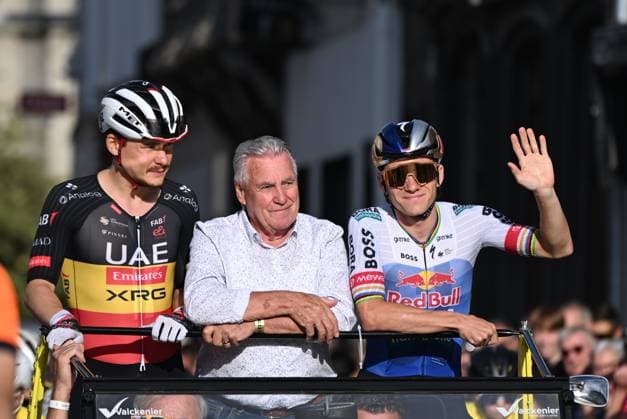 Belgian Rune Herregodts of UAE Team Emirates-XRG; Former Belgian cyclist Lucien Van Impe and Belgian Remco Evenepoel of Red Bull-BORA-hansgrohe pictured at the start of the Natourcriterium Aalst cycling event, Monday 27 July 2026, in Aalst. The traditional criteriums are local showcases for which mainly cyclists who rode the Tour de France are invited. ELIASxROM  x182176566x