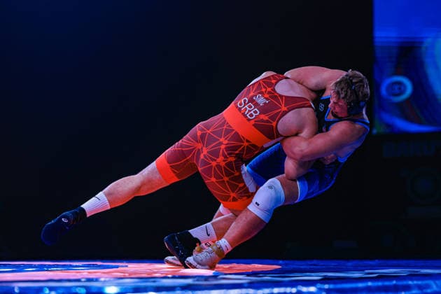 U17, U 17 Wrestling World Championships 110kg GR - Bruno Roger Pallone (USA) df. Andrej Simic (SRB) *** U17 Wrestling World Championships, 110 kg Greco-Roman: Bruno Roger Pallone (USA) defeated Andrej Simic (SRB) Copyright: xUnitedxWorldxWrestlingx xAmirrezx UWW-U17-WC-BAKU-2026
