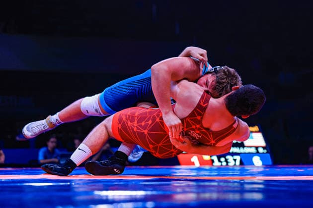 U17, U 17 Wrestling World Championships 110kg GR - Bruno Roger Pallone (USA) df. Andrej Simic (SRB) *** U17 Wrestling World Championships, 110 kg Greco-Roman: Bruno Roger Pallone (USA) defeated Andrej Simic (SRB) Copyright: xUnitedxWorldxWrestlingx xAmirrezx UWW-U17-WC-BAKU-2026