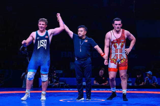 U17, U 17 Wrestling World Championships 110kg GR - Bruno Roger Pallone (USA) df. Andrej Simic (SRB) *** U17 Wrestling World Championships, 110 kg Greco-Roman: Bruno Roger Pallone (USA) defeated Andrej Simic (SRB) Copyright: xUnitedxWorldxWrestlingx xAmirrezx UWW-U17-WC-BAKU-2026