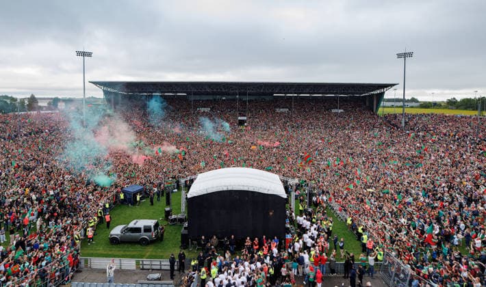 2026 GAA All-Ireland Senior Football Champions Mayo Homecoming, Castlebar, Mayo 27 7 2026 Mayo players take to the stage in MacHale Park Mayo players take to the stage in MacHale Park 27 7 2026  Copyright: xx JR313786
