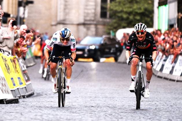 Belgian Remco Evenepoel of Red Bull-BORA-hansgrohe and Belgian Rune Herregodts of UAE Team Emirates-XRG sprint to the finish of the Natourcriterium Aalst cycling event, Monday 27 July 2026, in Aalst. The traditional criteriums are local showcases for which mainly cyclists who rode the Tour de France are invited. ELIASxROM  x182185775x