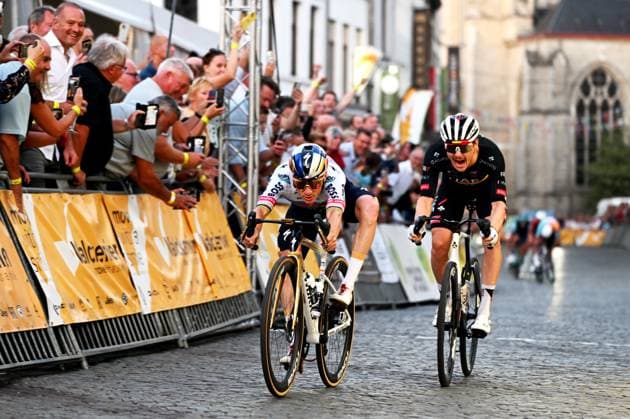 Belgian Remco Evenepoel of Red Bull-BORA-hansgrohe and Belgian Rune Herregodts of UAE Team Emirates-XRG sprint to the finish of the Natourcriterium Aalst cycling event, Monday 27 July 2026, in Aalst. The traditional criteriums are local showcases for which mainly cyclists who rode the Tour de France are invited. ELIASxROM  x182185802x