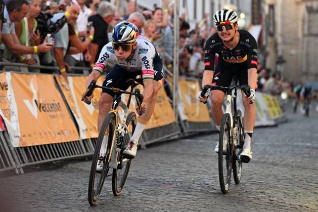 Belgian Remco Evenepoel of Red Bull-BORA-hansgrohe and Belgian Rune Herregodts of UAE Team Emirates-XRG sprint to the finish of the Natourcriterium Aalst cycling event, Monday 27 July 2026, in Aalst. The traditional criteriums are local showcases for which mainly cyclists who rode the Tour de France are invited. ELIASxROM  x182186133x