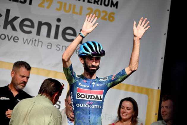 French Valentin Paret-Peintre of Soudal Quick-Step celebrates on the podium after the Natourcriterium Aalst cycling event, Monday 27 July 2026, in Aalst. The traditional criteriums are local showcases for which mainly cyclists who rode the Tour de France are invited. ELIASxROM  x182186394x