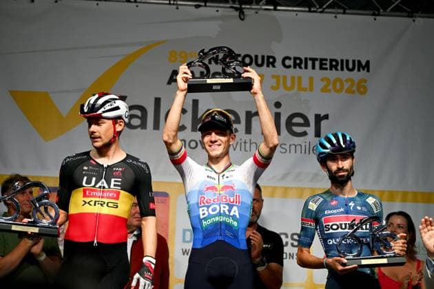 Belgian Rune Herregodts of UAE Team Emirates-XRG; Belgian Remco Evenepoel of Red Bull-BORA-hansgrohe and French Valentin Paret-Peintre of Soudal Quick-Step celebrate on the podium after the Natourcriterium Aalst cycling event, Monday 27 July 2026, in Aalst. The traditional criteriums are local showcases for which mainly cyclists who rode the Tour de France are invited. ELIASxROM  x182186398x