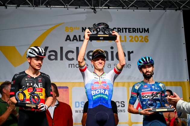 Na-Tourcriterium Aalst - 27 07 2026 AALST, BELGIUM - JULY 27 : Evenepoel Remco (BEL) of Red Bull BORA Hansgrohe on the podium during the 89th edition of the post Tour de France criterium of Aalst cycling race on July 27, 2026 in Aalst, Belgium, 27 07 2026 Aalst Belgium  Copyright: xTomasxSiskx