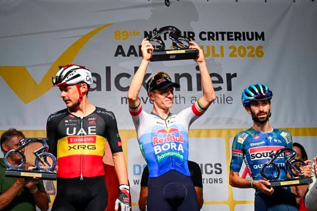 Na-Tourcriterium Aalst - 27 07 2026 AALST, BELGIUM - JULY 27 : Herregodts Rune (BEL) of UAE Team Emirates XRG, Paret-Peintre Valentin (FRA) of Soudal Quick Step, Evenepoel Remco (BEL) of Red Bull BORA Hansgrohe on the podium during the 89th edition of the post Tour de France criterium of Aalst cycling race on July 27, 2026 in Aalst, Belgium, 27 07 2026 Aalst Belgium  Copyright: xTomasxSiskx