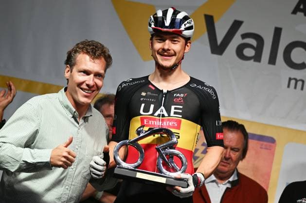 Belgian Rune Herregodts of UAE Team Emirates-XRG celebrates on the podium after the Natourcriterium Aalst cycling event, Monday 27 July 2026, in Aalst. The traditional criteriums are local showcases for which mainly cyclists who rode the Tour de France are invited. ELIASxROM  x182186395x