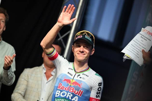 Belgian Remco Evenepoel of Red Bull-BORA-hansgrohe celebrates on the podium after winning the Natourcriterium Aalst cycling event, Monday 27 July 2026, in Aalst. The traditional criteriums are local showcases for which mainly cyclists who rode the Tour de France are invited. ELIASxROM  x182186441x