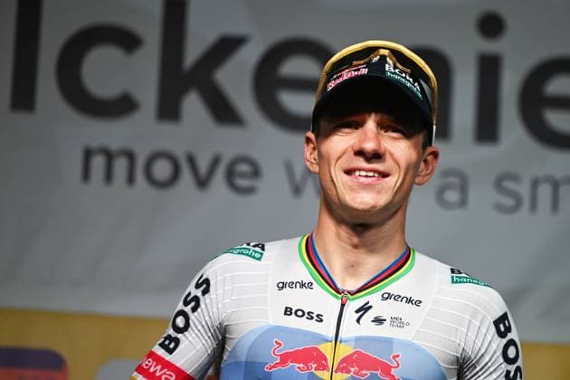 Belgian Remco Evenepoel of Red Bull-BORA-hansgrohe celebrates on the podium after winning the Natourcriterium Aalst cycling event, Monday 27 July 2026, in Aalst. The traditional criteriums are local showcases for which mainly cyclists who rode the Tour de France are invited. ELIASxROM  x182186444x