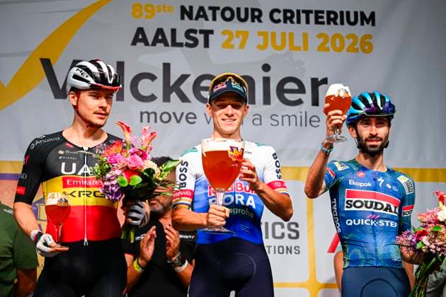 Na-Tourcriterium Aalst - 27 07 2026 AALST, BELGIUM - JULY 27 : Evenepoel Remco (BEL) of Red Bull BORA Hansgrohe, Herregodts Rune (BEL) of UAE Team Emirates XRG, Paret-Peintre Valentin (FRA) of Soudal Quick Step on the podium during the 89th edition of the post Tour de France criterium of Aalst cycling race on July 27, 2026 in Aalst, Belgium, 27 07 2026 Aalst Belgium  Copyright: xTomasxSiskx