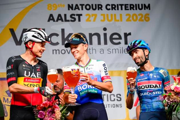 Na-Tourcriterium Aalst - 27 07 2026 AALST, BELGIUM - JULY 27 : Evenepoel Remco (BEL) of Red Bull BORA Hansgrohe, Herregodts Rune (BEL) of UAE Team Emirates XRG, Paret-Peintre Valentin (FRA) of Soudal Quick Step on the podium during the 89th edition of the post Tour de France criterium of Aalst cycling race on July 27, 2026 in Aalst, Belgium, 27 07 2026 Aalst Belgium  Copyright: xTomasxSiskx