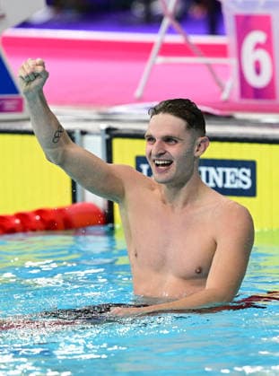 COM26 SWIMMING FINALS, Lewis Clareburt of New Zealand reacts after winning the Men™s 200m Butterfly Final at the Glasgow 2026 Commonwealth Games at the Tollcross International Swimming Centre in Glasgow, Scotland, Monday, July 27, 2026. ( NO ARCHIVING, EDITORIAL USE ONLY Glasgow Scotland United Kingdom  Copyright: xDEANxLEWINSx 20260728163469271260